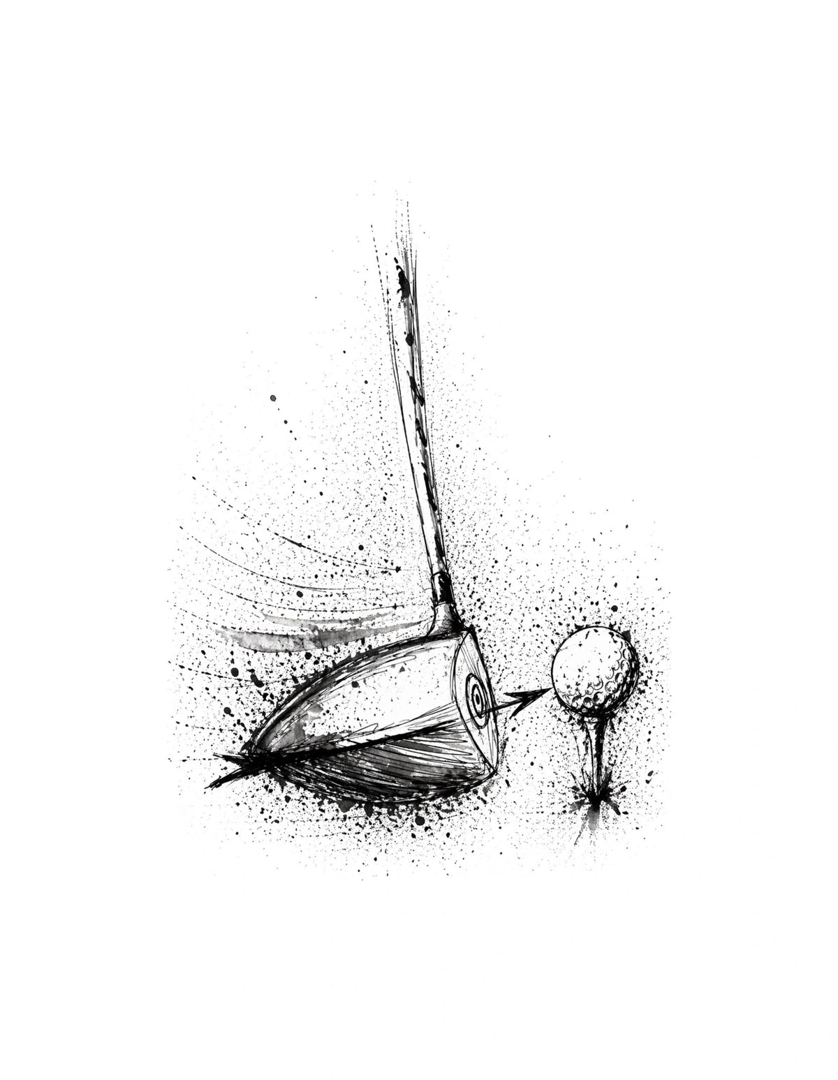 Black ink golf artwork showing a driver club head aligned with a golf ball on a tee using expressive splatter textures.