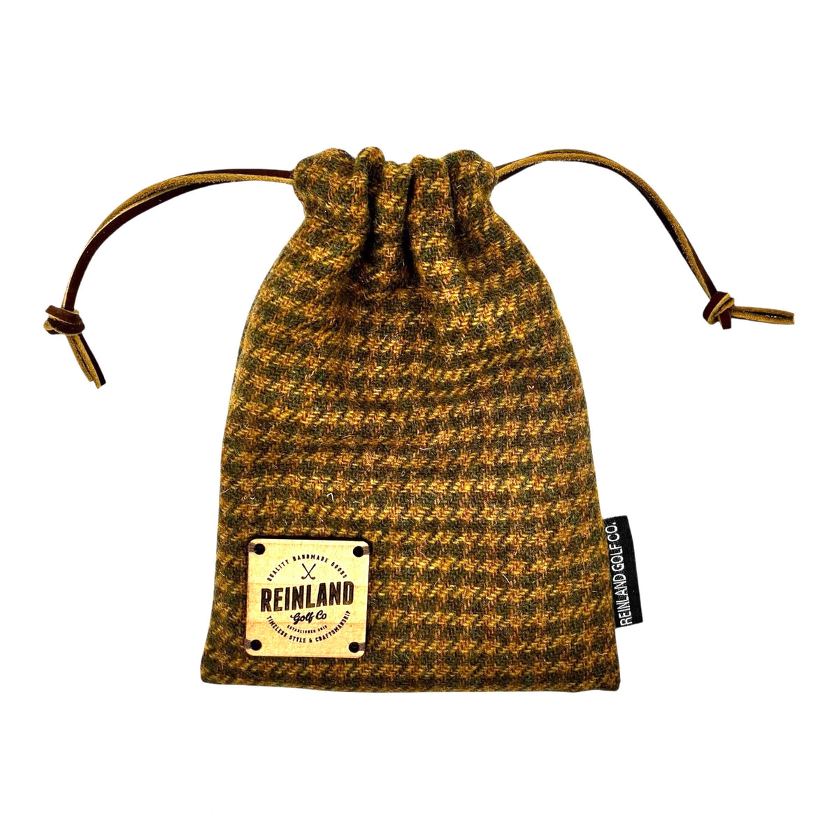 Drawstring pouch with houndstooth pattern and 'Reinland' label on a white background
