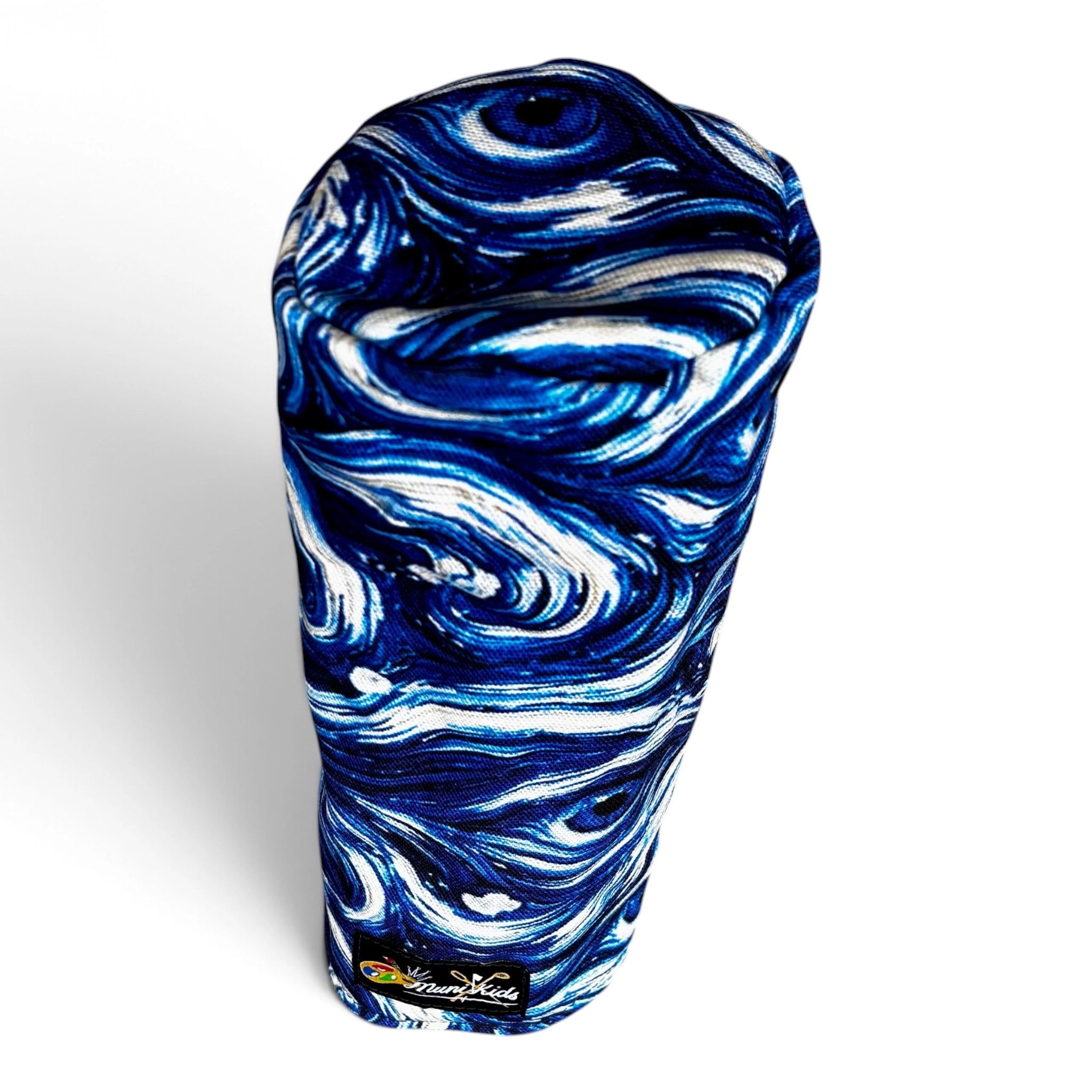 top of blue and white golf headcover