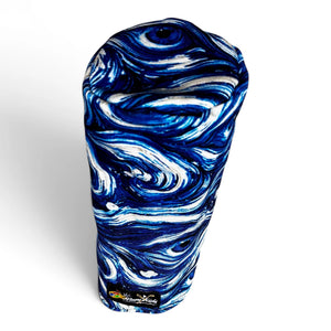 top of blue and white golf headcover