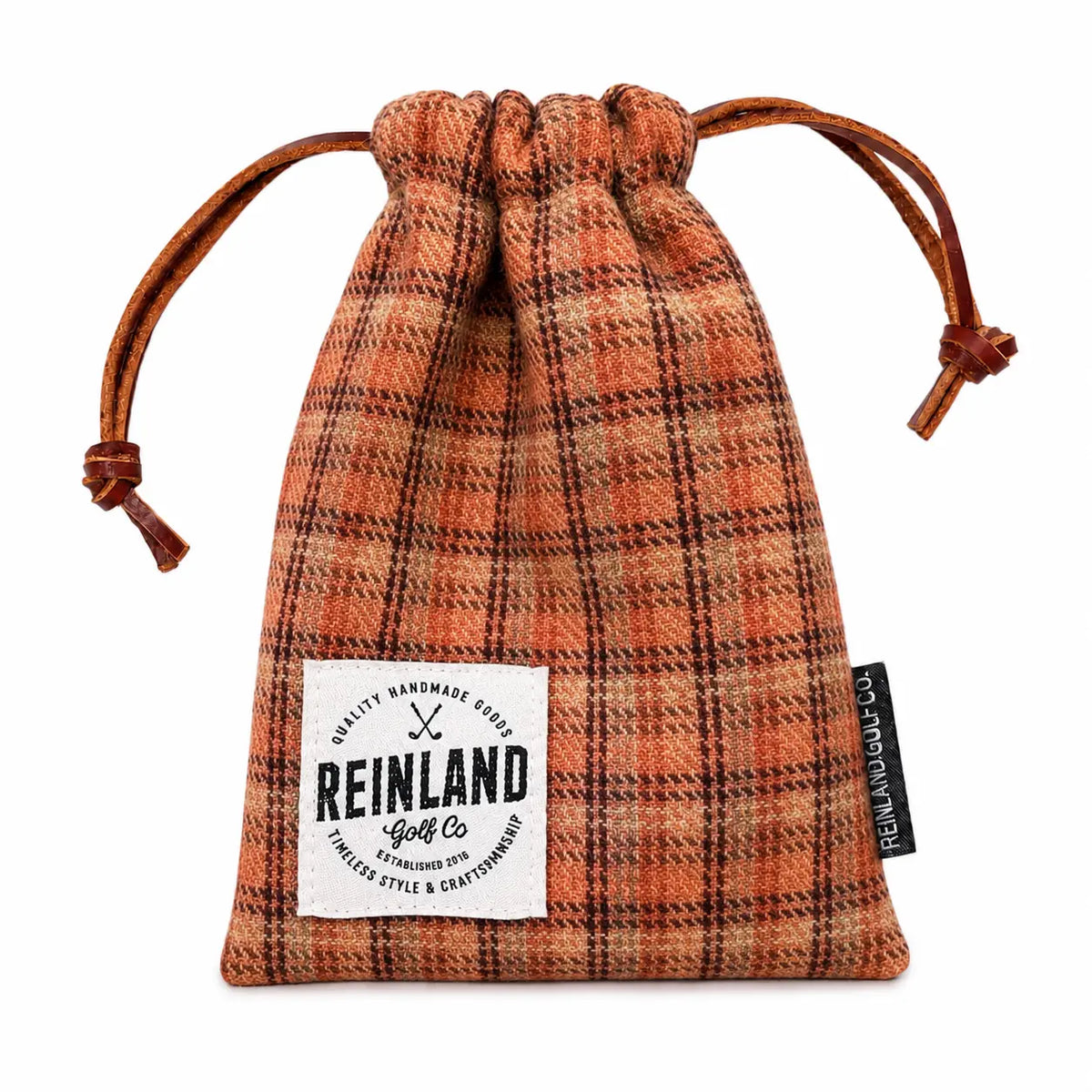 Plaid drawstring pouch with 'REINLAND Golf Co' label on a white background