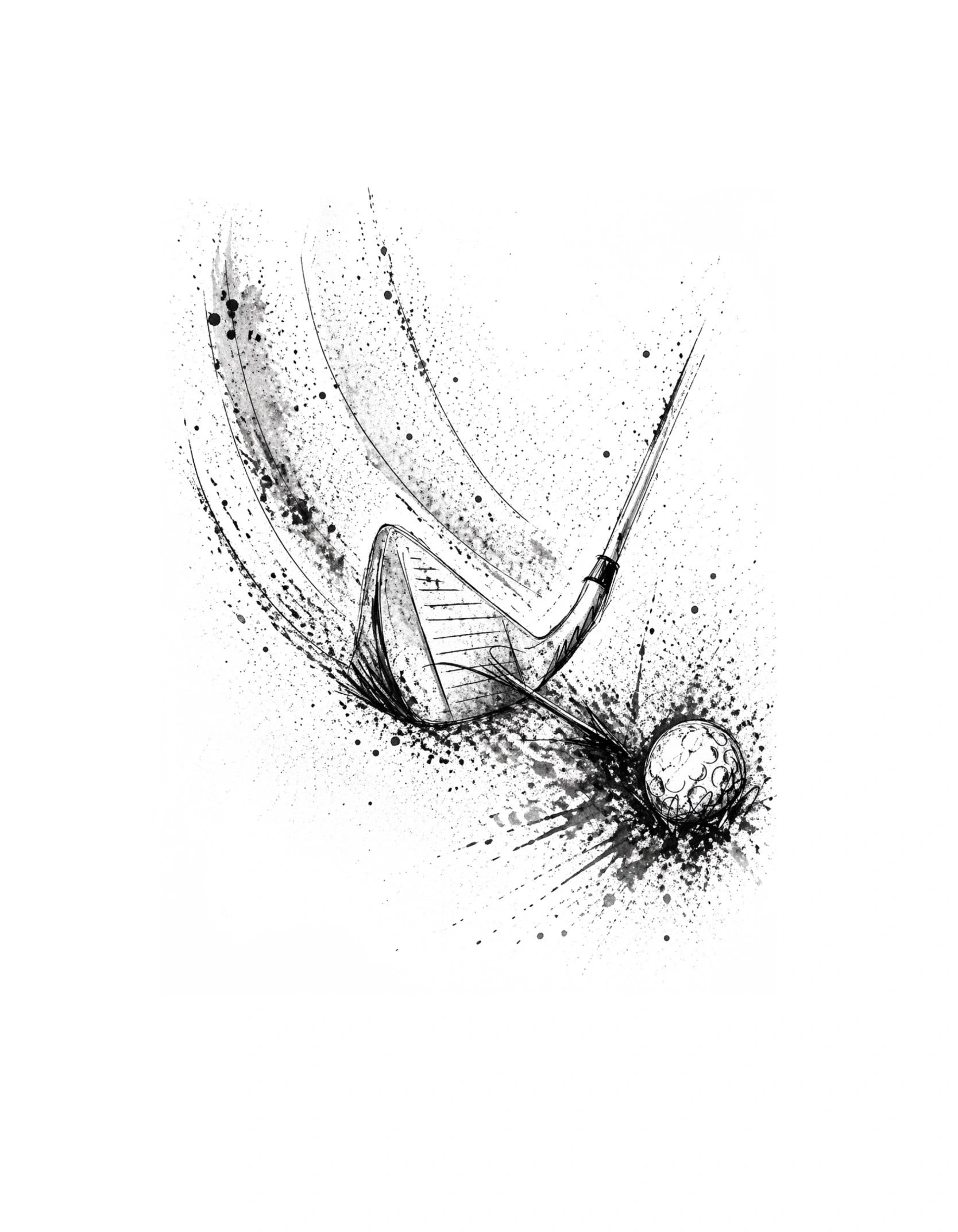 Minimalist golf artwork of an iron club compressing a golf ball with dramatic ink splatter and motion effects.