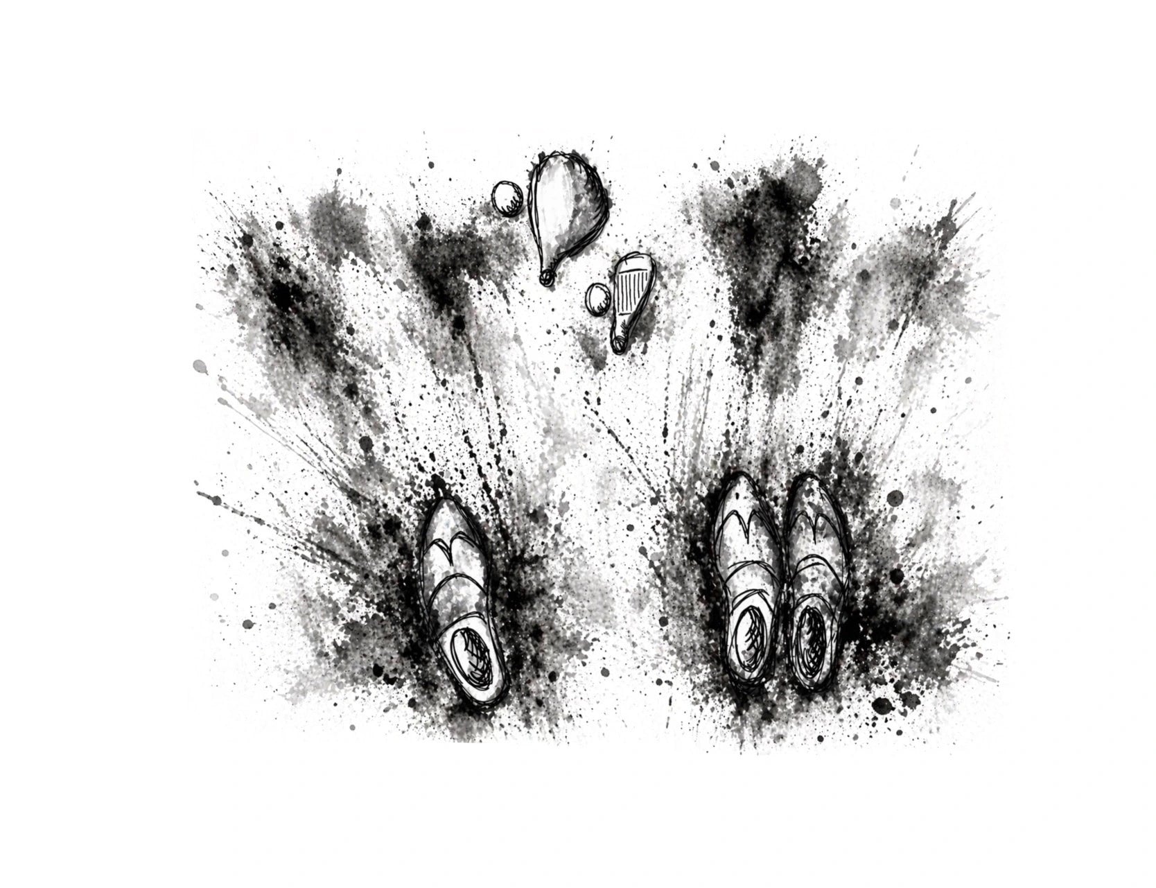 Minimalist black ink golf artwork showing two pairs of golf shoes with abstract golf ball and club illustrations.