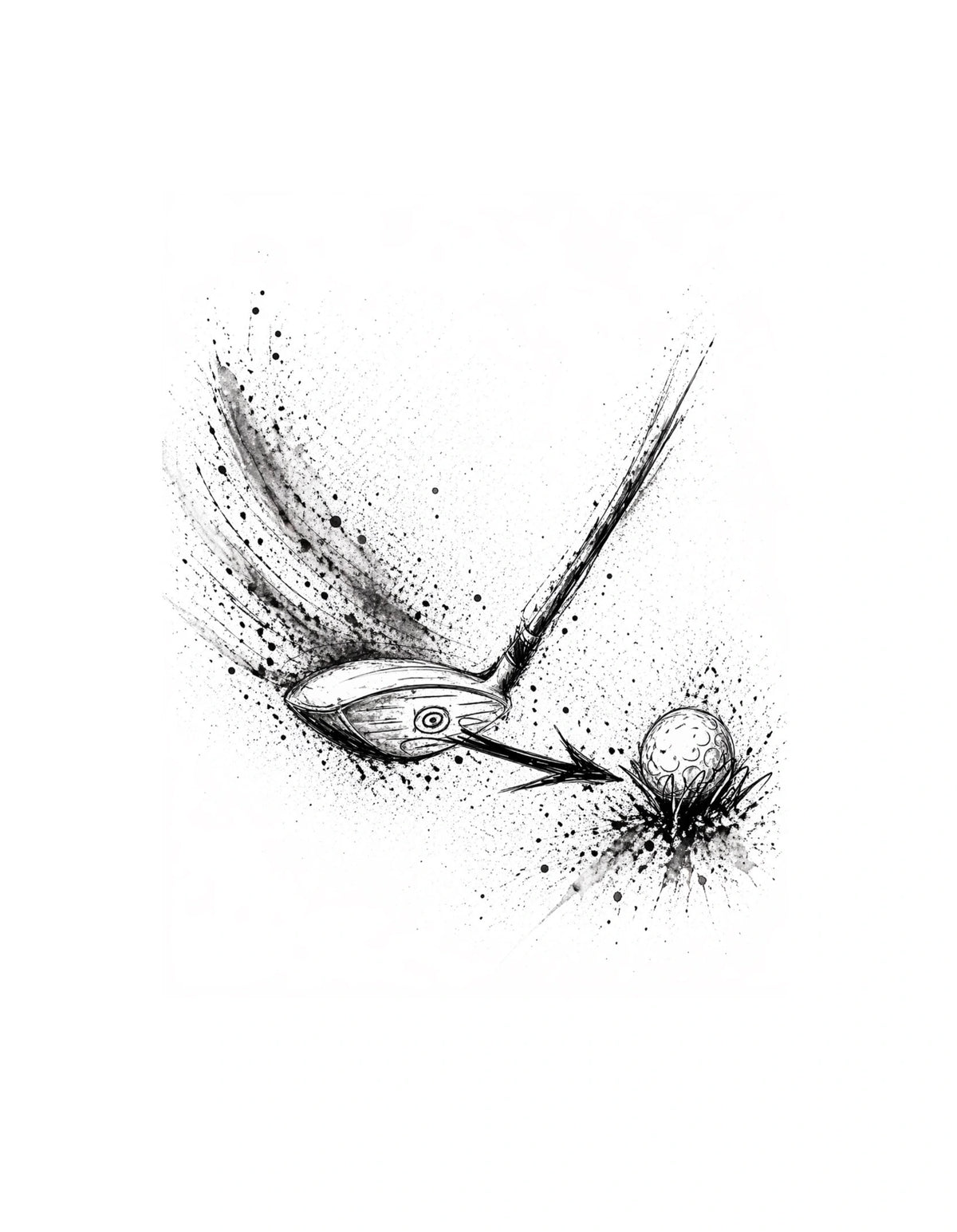Minimalist golf artwork showing a golf club approaching a golf ball with sweeping ink motion trails and directional arrows.