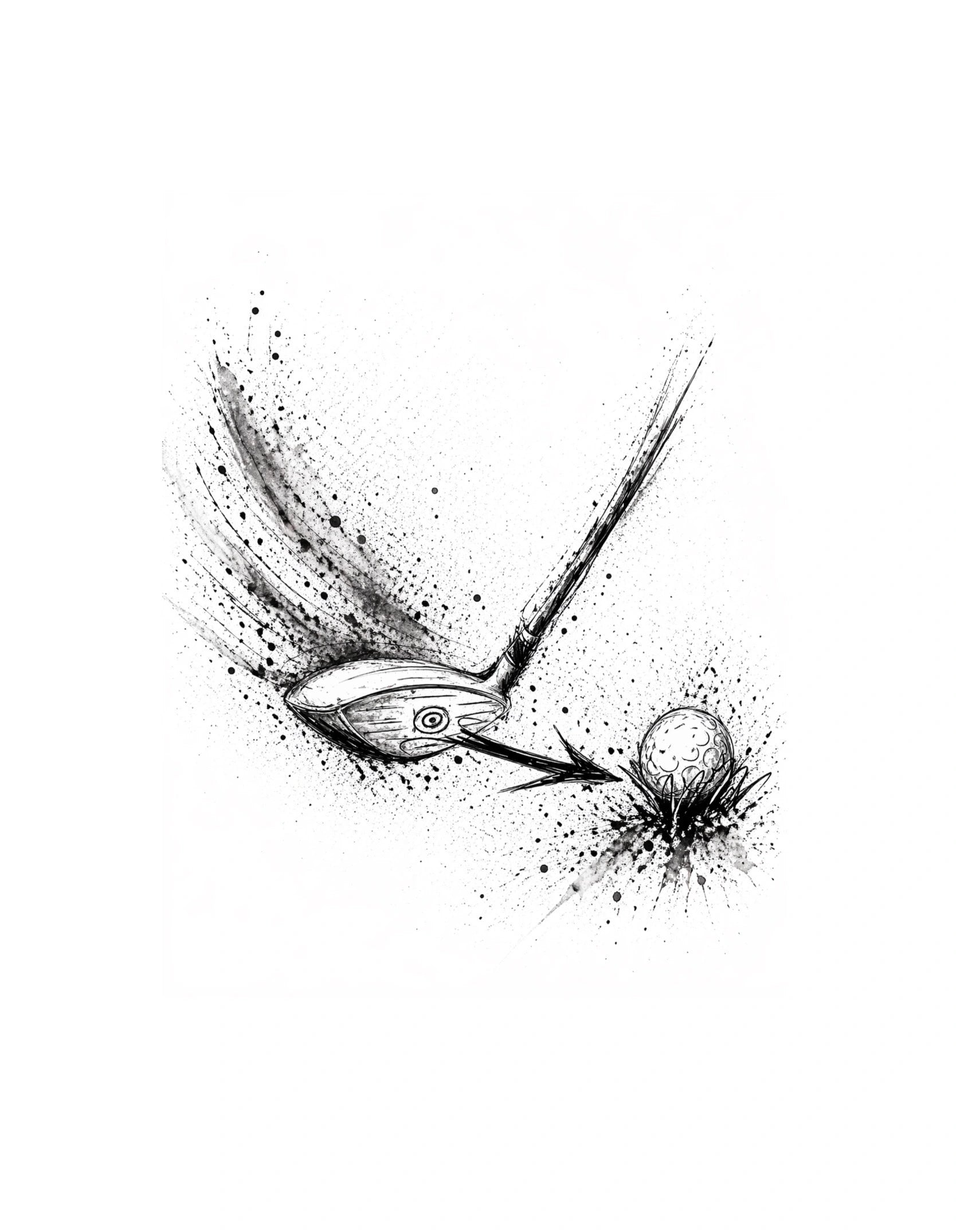 Minimalist golf artwork showing a golf club approaching a golf ball with sweeping ink motion trails and directional arrows.