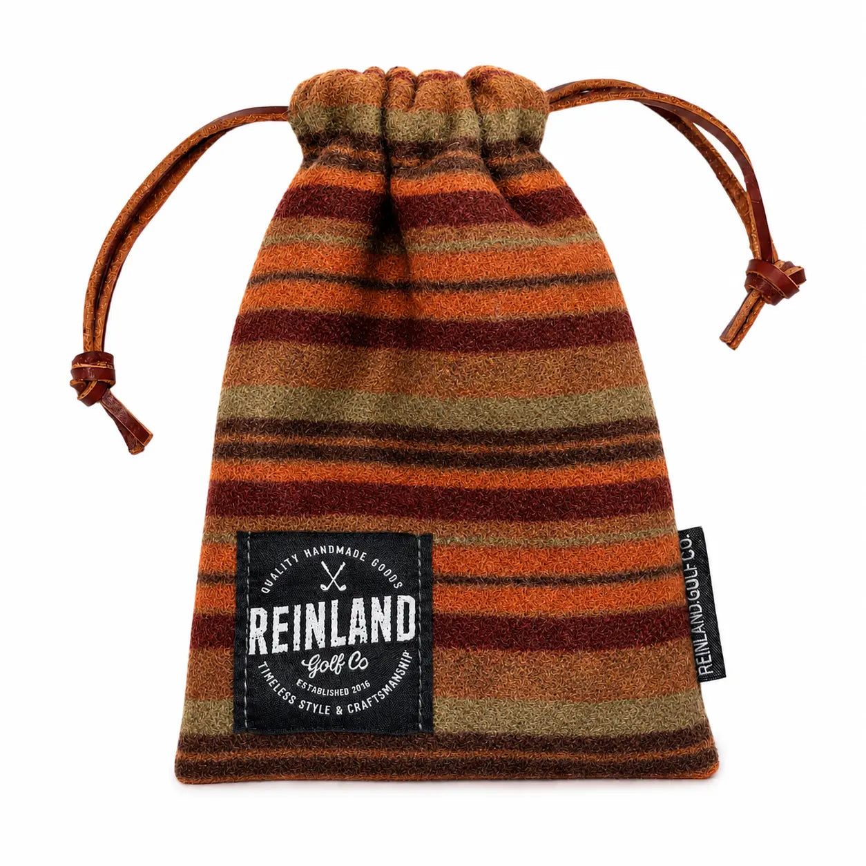 Striped drawstring pouch with 'Reinland Golf' branding on a white background