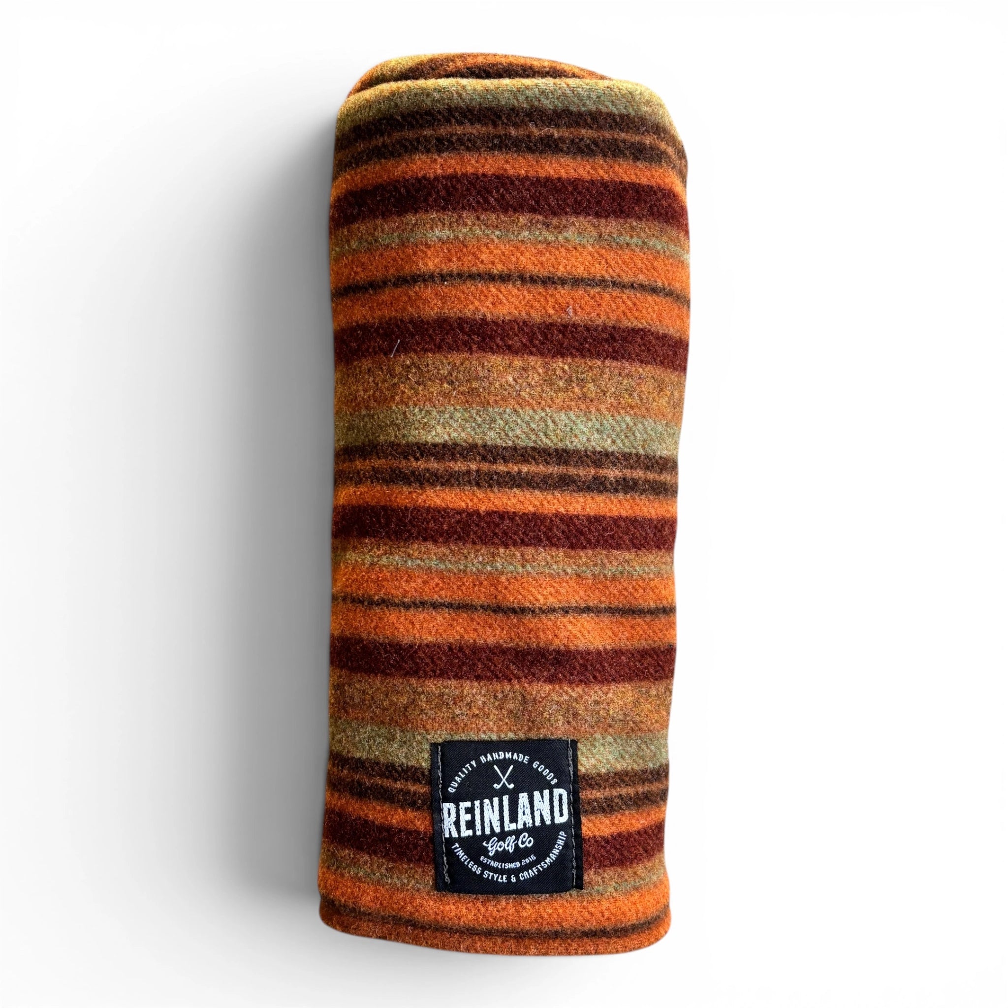 Quinault handmade wool golf headcover by Reinland Golf Co in Pacific Northwest earth-tone striped wool