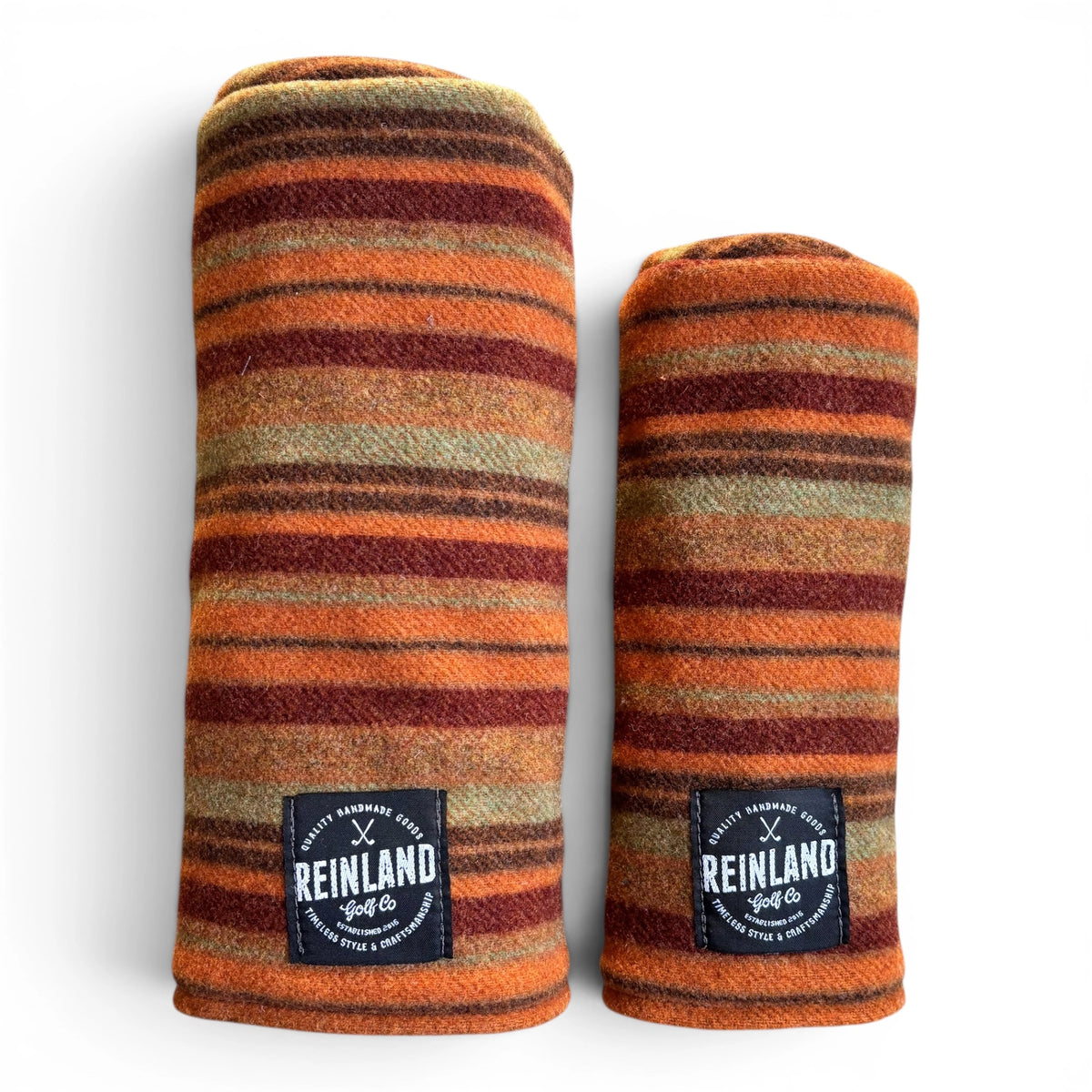 Quinault handmade wool golf headcover by Reinland Golf Co in Pacific Northwest earth-tone striped wool