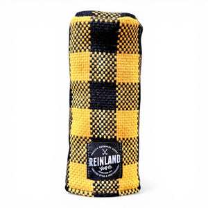 Yellow and black checkered fairway headcover with 'Reinland' label on a white background