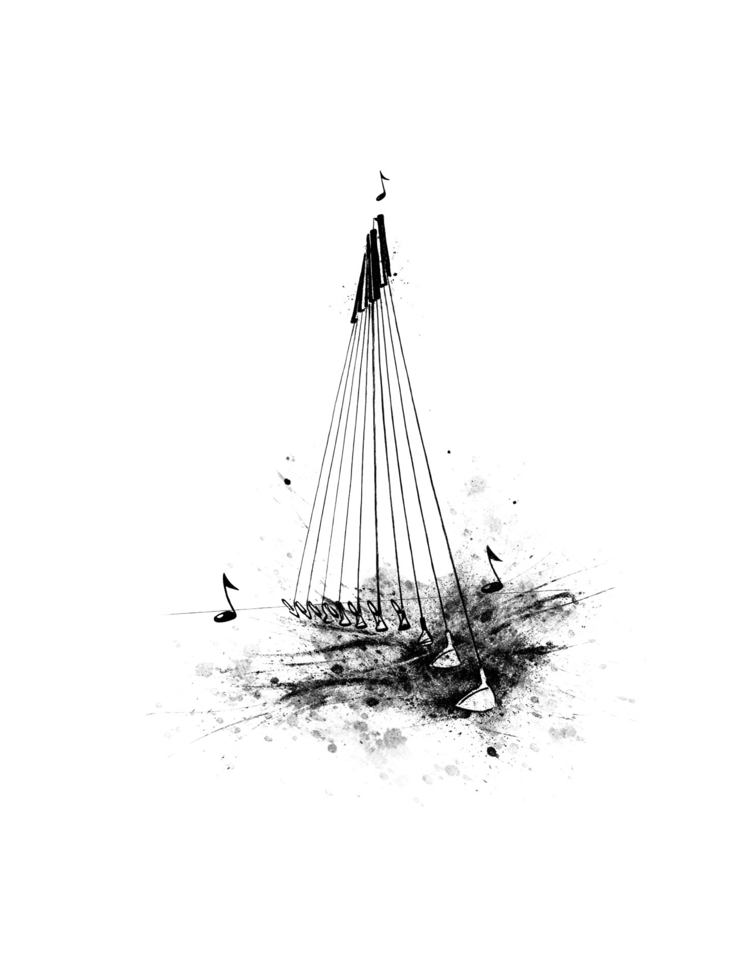 Minimalist black ink golf artwork showing repeated golf club positions creating a rhythmic swing sequence with musical notes.