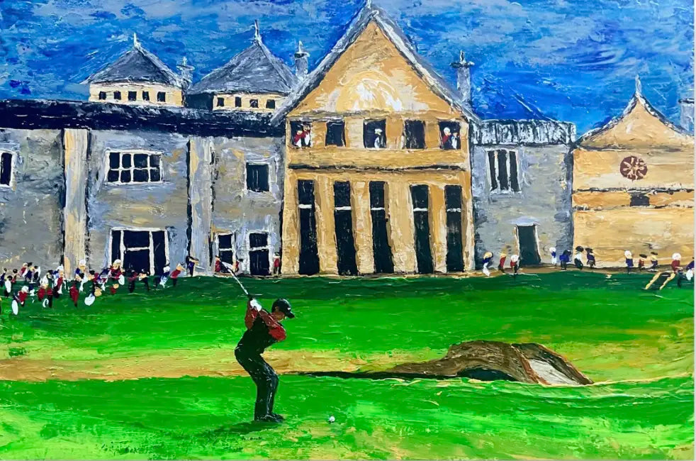 Painting of Tiger Woods winning a major